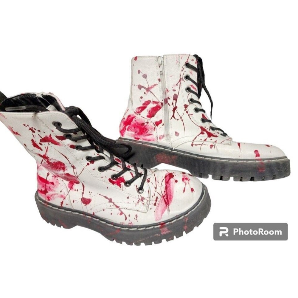 Blood Splatter White Combat Boots Womens 8.5 Unisex Union Bay OOAK Artist Signed - Picture 3 of 8